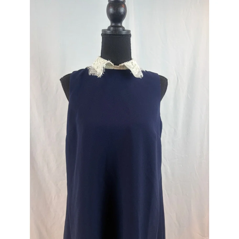 Nanette Lepore Navy Blue Shift Dress Lace Collar Pleated Hem Sleeveless Size 6 - Picture 6 of 14